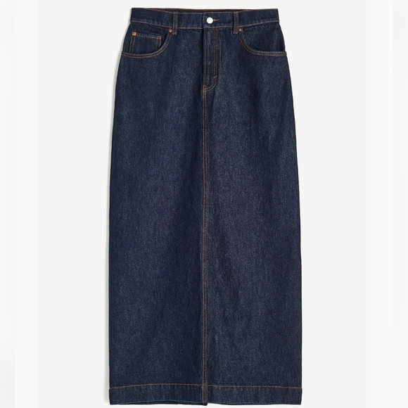 H&M Blue Denim Maxi Skirt Jean Skirt Size 10 High Back Slit - Picture 1 of 11